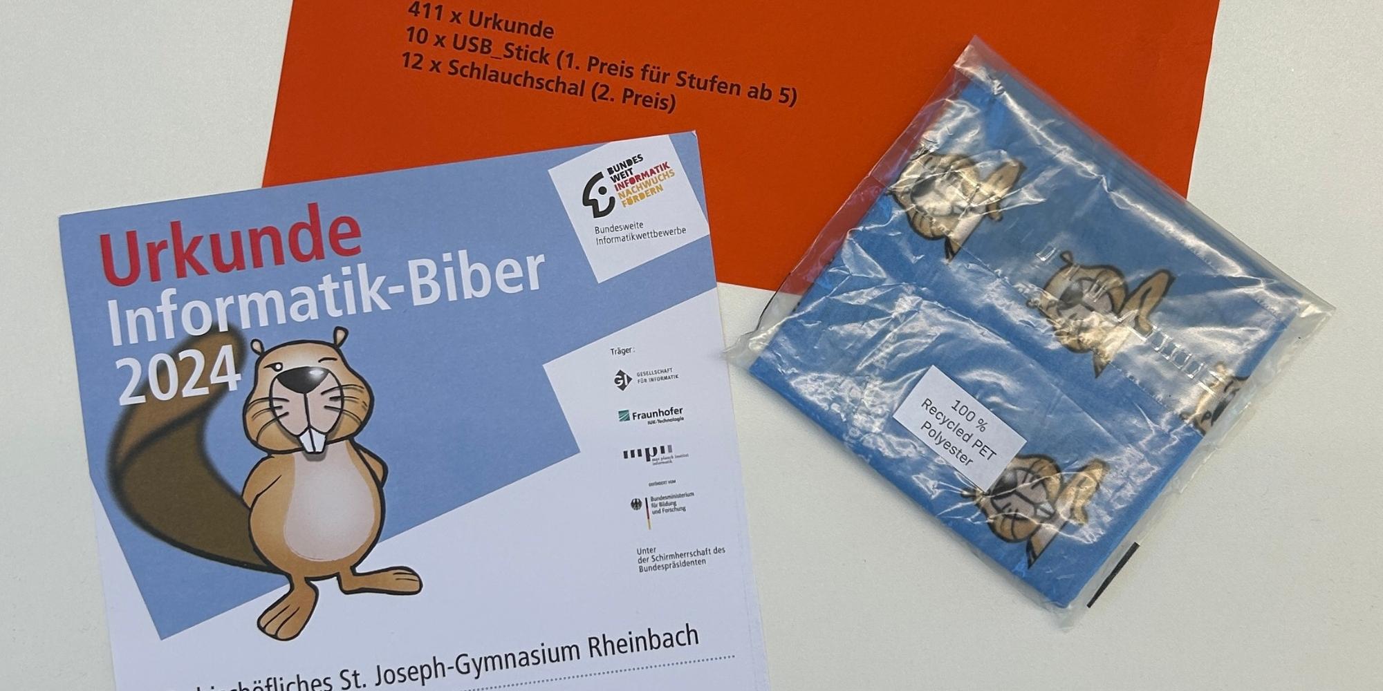 Urkunde für den Biberwettbewerb und Preise: Tuch, USB-Stick