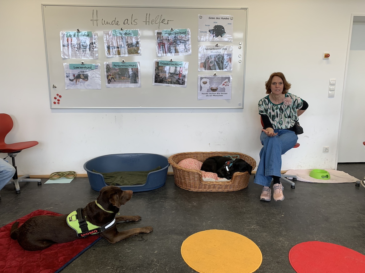 Lehrerin und zwei Hunde vor einer Infowand 'Hunde als Helfer'